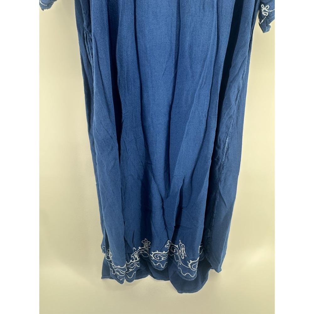 Blue Embroidered Boho Midi Dress Womens Loose Fit Caftan Peasant Beachy Flowy - Picture 7 of 9